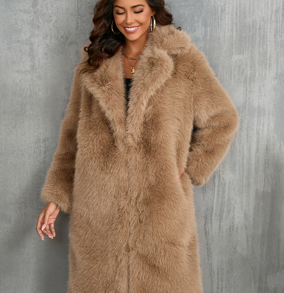 Stone grey collarless faux fur coat