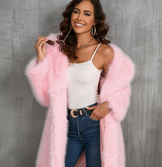 Stone grey collarless faux fur coat