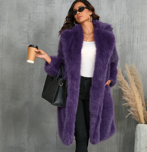 Stone grey collarless faux fur coat