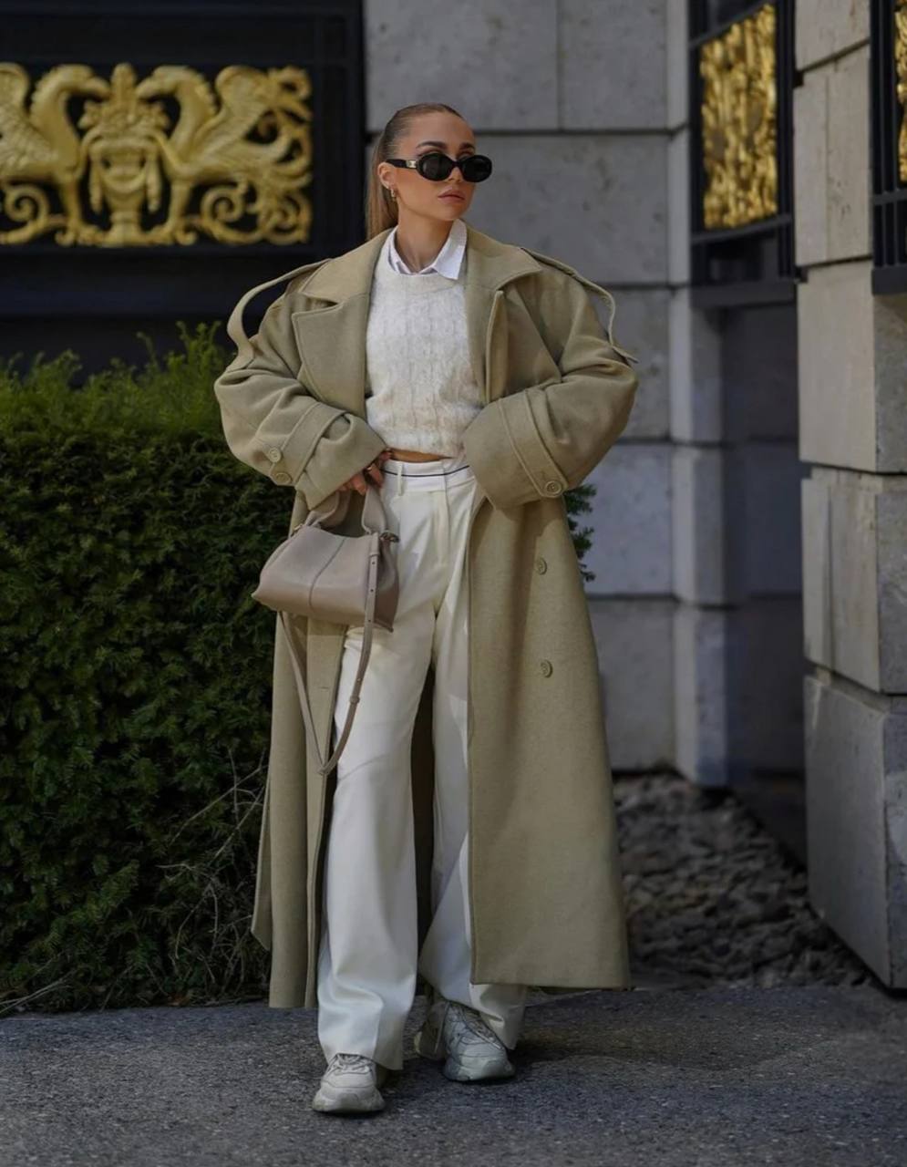 Oversized khaki military-style coat with double buttonhole