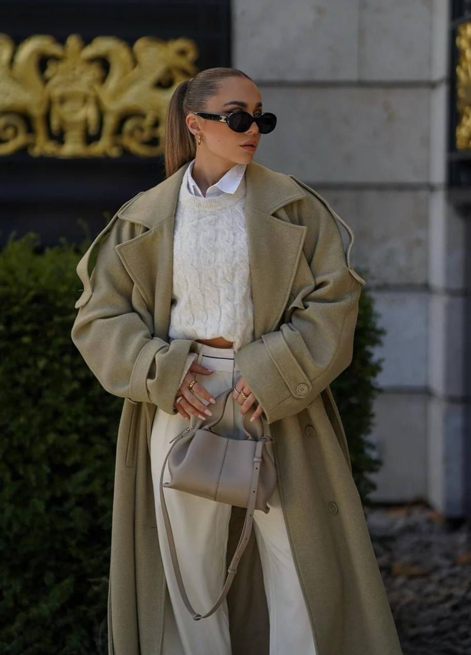 Oversized khaki military-style coat with double buttonhole